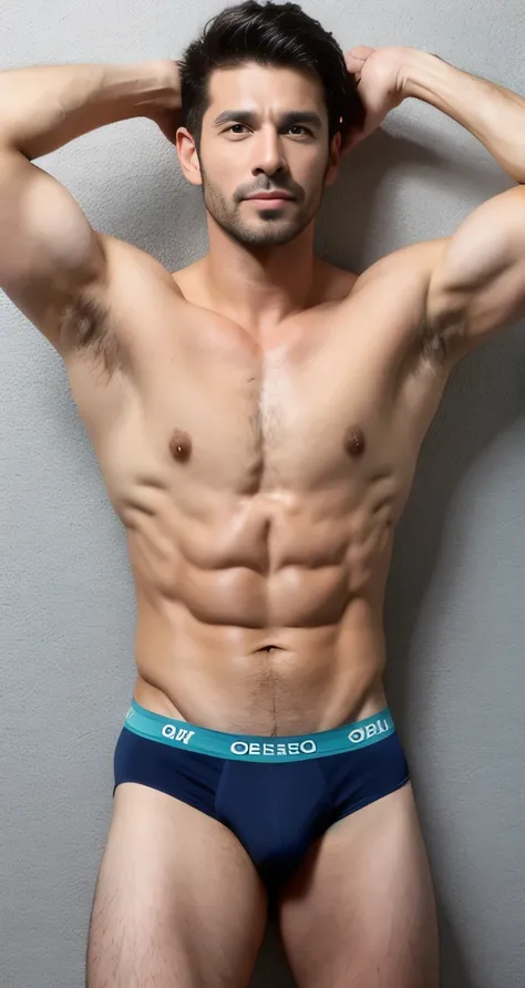  natural male、40 years old、Japanese male、very handsome、abs、Pectoral muscle、ck black underwear、PUMP blue briefs、body hair、full-length picture,sexy pose