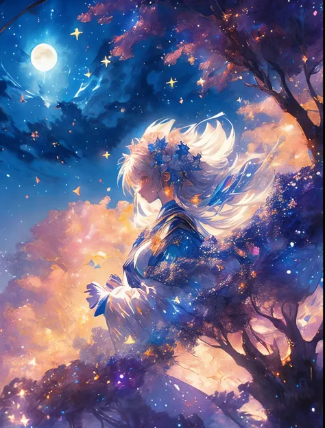 ((The Pale Moon of a Supergiant))((A girl who looks up at her profile and is subjectively depicted))、((Crying girl))、Profile Girls、On a multicolored background、Painting of a river with stars and moon in a rainbow sky、Shining skyscrapers、Shine overall、Conce...