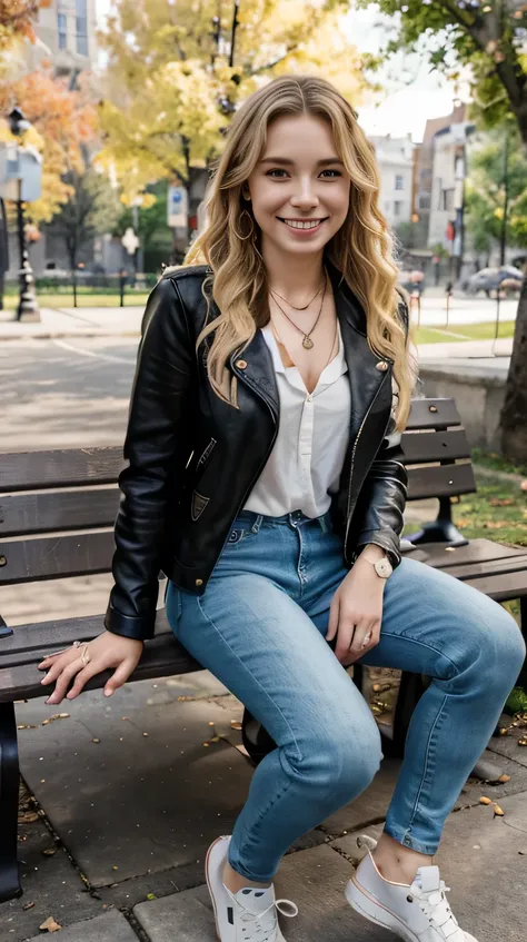 resolution, 8k wallpaper, Beautiful Caucasian Woman、Full body photo、,sitting on a park bench、Leather jacket、shirt、Skinny jeans、sneakers、、Necklace around the neck、 blonde 、Wavy Hair、ear piercing、smile、Beautiful teeth alignment、
