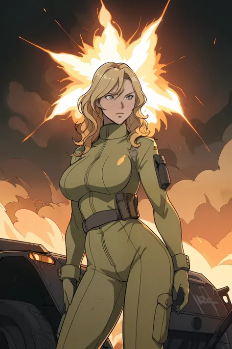 Woman with blonde, wavy hair cascading down her back, big breasts accentuated by her tactical military vest, positioned boldly amidst a chaotic dessert landscape filled with military vehicles and the ferocious tongues of flames from the cataclysmic explosi...