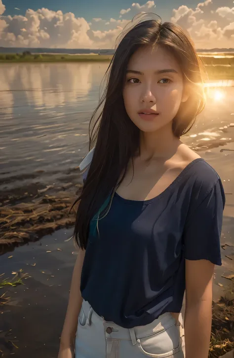 standing in rice field, morning sun, atmospheric perspective, 8k, super detail, accurate, best quality, wearing old black shirt and torn old jeans