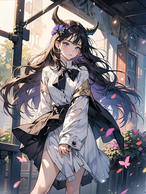 work of art, best qualityer, high resolution, hmsl1, hat with horns, hair flowers, x hair ornament, White sweater, jacket purple, flowers, long sleeves, clothes open, black bow, sleeves past the wrists, overskirt, cowboy shot, plein-air, Street, standing...