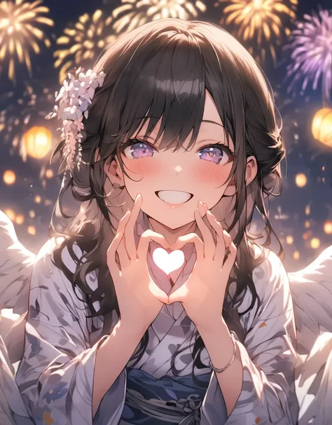 masterpiece、girl、Black Hair、Long Hair、tied hair、(((Make a heart shape with both hands)))、Summer yukata、firework、smile、Focus on the face, night background