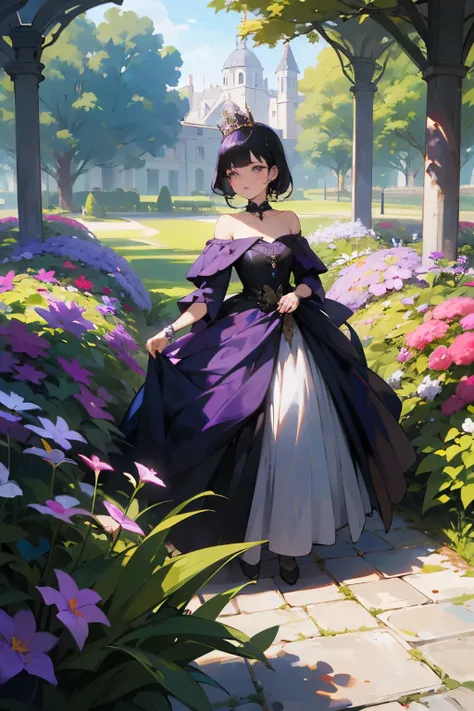 ((best qualityer)), ((work of art)), (detailded), 1 queen, dark purple off-the-shoulder dress with black details, black hair with purple tips, in front of a garden, Facing the camera