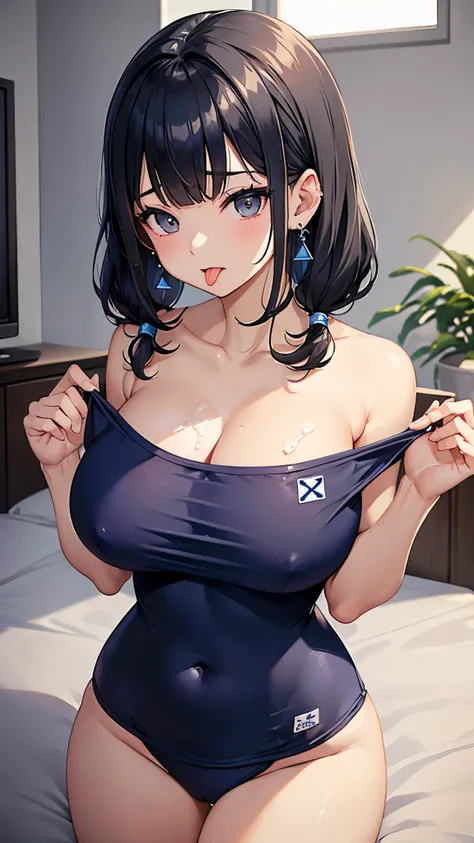 (masterpiece、Highest quality、Very detailed))、One Girl、Black Hair、short hair、Twin tails、Blunt bangs、Wavy Hair、Grey Eyes、((Open your mouth))、((Cum on tongue))、((Lots of earrings))、((Very large breasts))、((navy blue school swimsuit))、Cleavage、Off the shoulder...