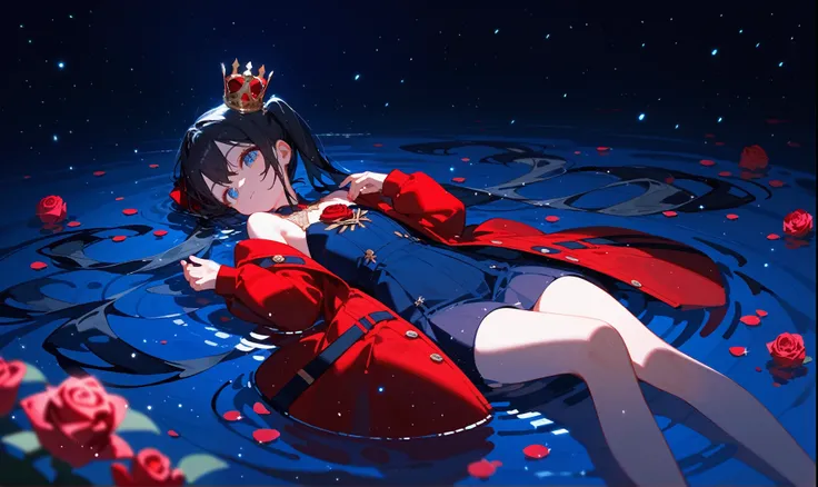 1 young girl，Black twin ponytails，Blue Eyes，Crimson coat，Lying in the water，The water surface sparkles，Water Rose，night，moonlight，Beautiful light and shadow，Light Particles，Highest quality，Gold crown in water，（Black hair）