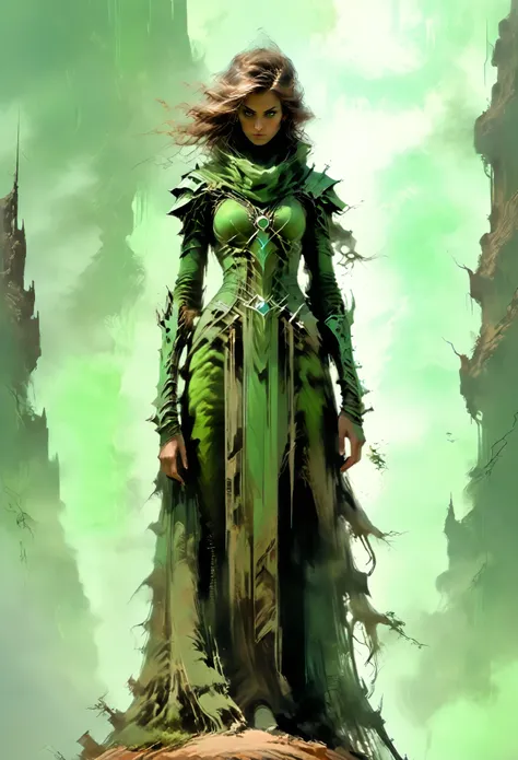 tree-spire dusty brown green woman standing on the edge of horizon looking at the viewer, sci fi art style of the masters,