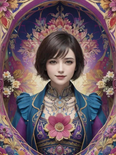 271 (20-year-old woman,Short Hair), (masterpiece, Highest quality, aesthetic:1.2), Very detailed, (Fractal Art:1.1), (colorful:1.1), (flower:1.3), whole body, (Abstract background:1.3), (Many colors:1.4), (Archaic Smile), (Window)