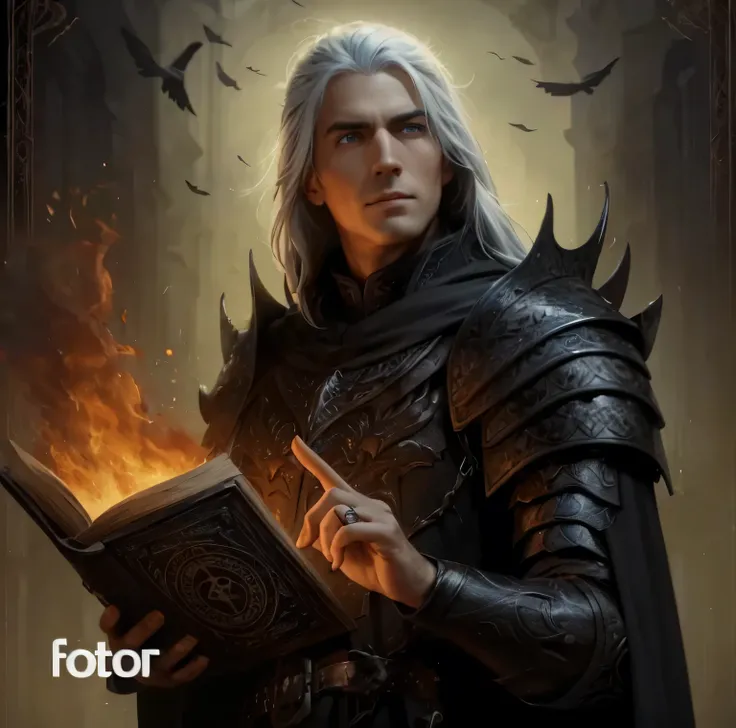 a beardless man with white hair and blue eyes, wearing a black armor with a black cloak, carrying a book