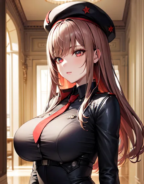 rapi nikke,(red eyes:1.1),long hair,brown hair,black leotad,beret,black hat,red necktie,black jacket,(large breasts:1.55),(shiny...