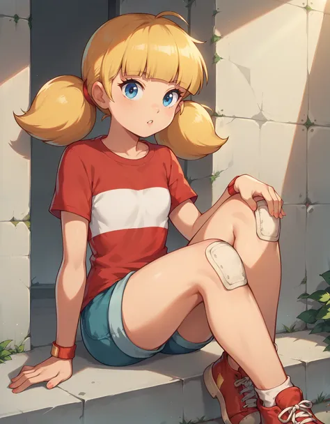 score_9, score_8_up, score_7_up, penny_ig, blonde hair, twintails, blue eyes, red shirt, stripe, knee patch, dim lighting factor...