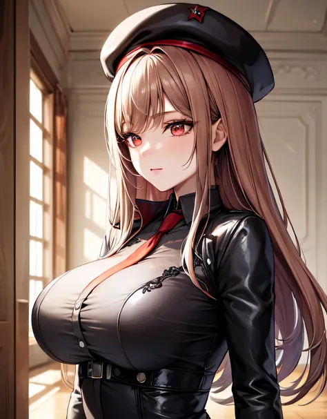 rapi nikke,(red eyes:1.1),long hair,brown hair,black leotad,beret,black hat,red necktie,black jacket,(large breasts:1.57),(shiny...