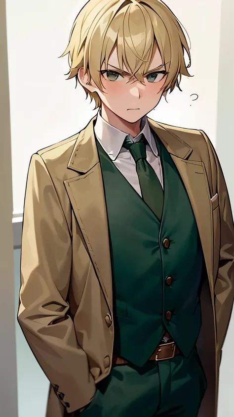 1boy, light blonde hair, green vest, big size, formal, villain, angry, brown eyes, tie