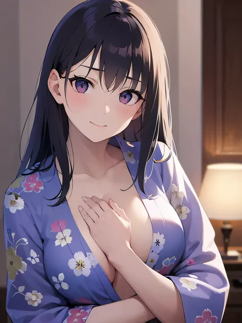 Cleavage、open clothes、(hand on own chest:1.1)、head tilt, hand on own cheek, Upper Body, Realistic, real person, (pale skin: 1.2), RAW photo, photorealistic, shiny skin, shiny hair、(A 25-year-old woman with straight hair and bangs) and (medium hair) and (bl...