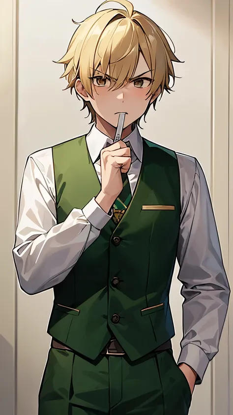 1boy, light blonde hair, green vest, big size, formal, villain, angry, brown eyes, tie, punch 