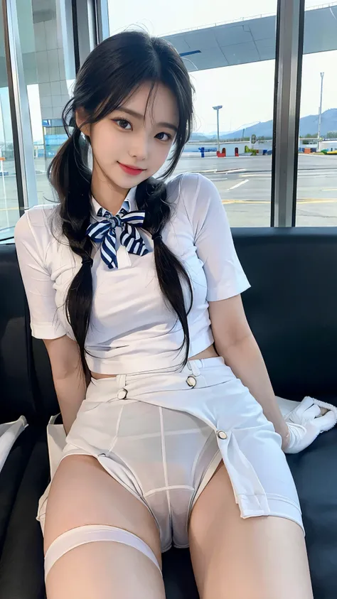 At the airport, (best quality, masterpiece:1.3), bring sharp focus:1.2, Beautiful woman with perfect body:1.4, 20 years old, a little smile, low twintails, nsfw, show me your ass, Dili Bulgi, partially undressed school uniform, white underwear, white sneak...