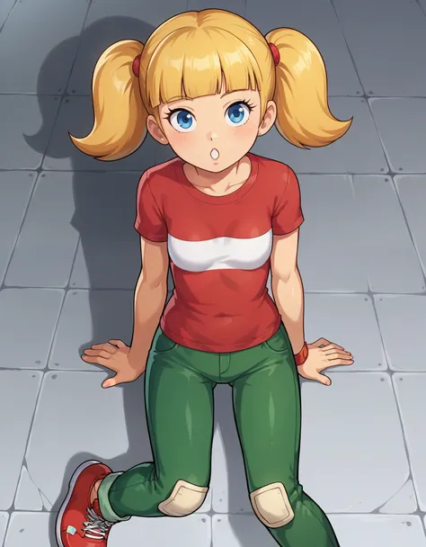 solo, 1girl, penny_ig, blonde hair, twintails, blue eyes, red shirt, stripe, pants, knee patch,