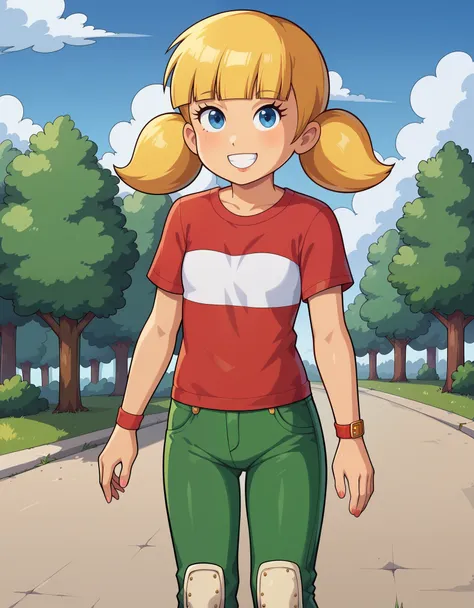 score_9, solo, penny_ig, blonde hair, twintails, red shirt, stripe, knee patch, outdoors, smile