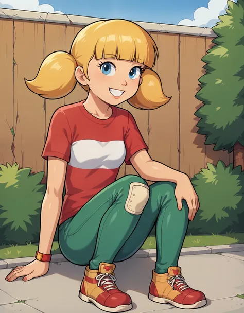 score_9, solo, penny_ig, blonde hair, twintails, red shirt, stripe, knee patch, outdoors, smile