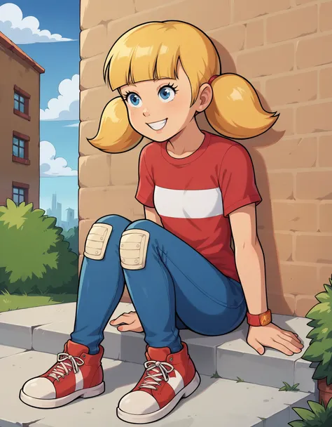 score_9, solo, penny_ig, blonde hair, twintails, red shirt, stripe, knee patch, outdoors, smile