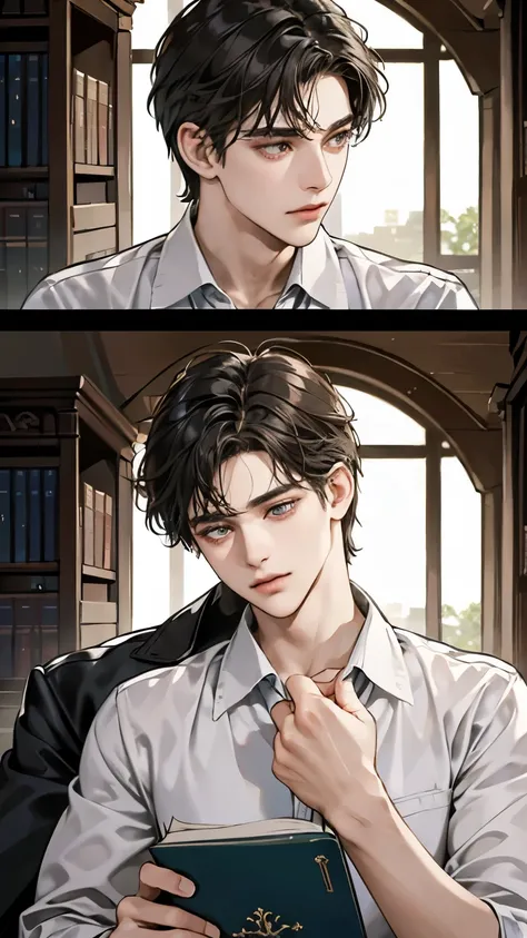 masterpiece, best quality, Practical, In the library of Alcott Manor，Alex and Nicholas share a quiet corner。A tradition of sharing book pages led Alex to《the art of love》Pass to Nicholas。When Nicholas read the verses，their relationship deepens，leading to a...