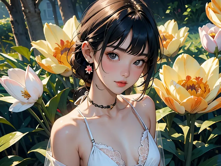 Very beautiful 17 year old girl, (holding tulip flowers)、Glowing Skin, bright, Refreshing and gentle look, Perfect beautiful face、Beautiful shiny bangs, Small breasts，Lace Bikini，See through，