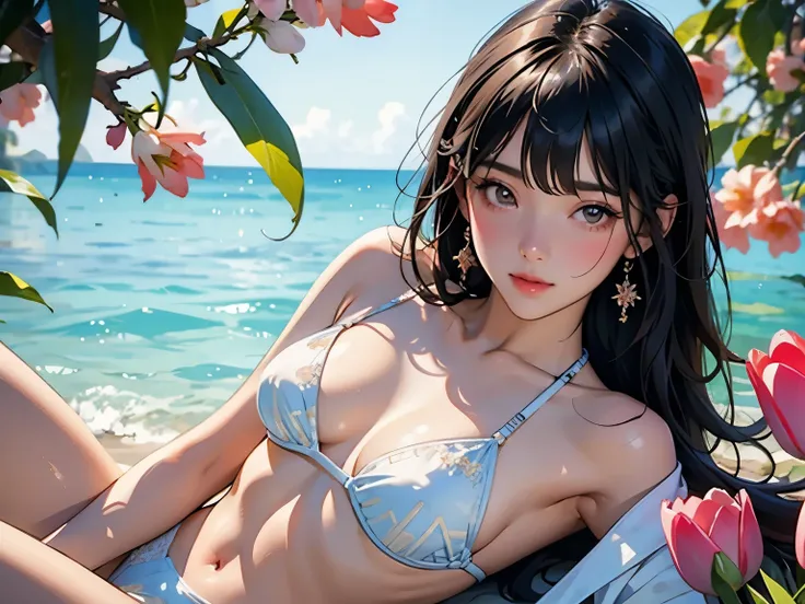 Very beautiful 17 year old girl, (Surrounded by lots of tulips)、Clear skin、Glowing Skin, bright, Refreshing and gentle look, Perfect beautiful face、Beautiful shiny bangs, Small breasts，Lace Bikini，See through，