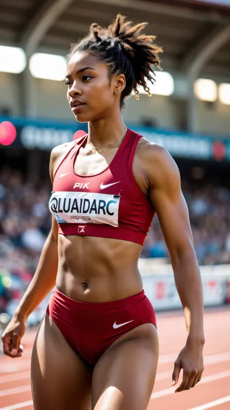 track and field athlete, highest quallity, forma, very detailled, in detail, high resolution, 8 k wallpaper, perfect dynamic composition, Beautiful Details,  Natural Lip, athletes&#39; uniforms, big cleavage，, She is smiling and making a cute pose ..., A f...