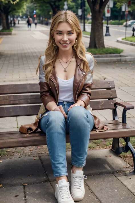 High resolution, 8k wallpaper, Beautiful Caucasian Woman、Full body photo、,Leather jacket sitting on a park bench、shirt、Skinny jeans、sneakers、、Necklace around the neck、 blonde 、ウェーブのかかった髪、ear piercing、smile、Beautiful teeth alignment、