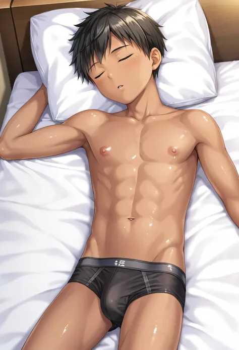 high quality, (solo japanese teen boy sleeping on the bed:1.5), (detailed eyes), (black short hair), naked, (dark wet skin), (detailed puffy nipples:1.2), black briefs,