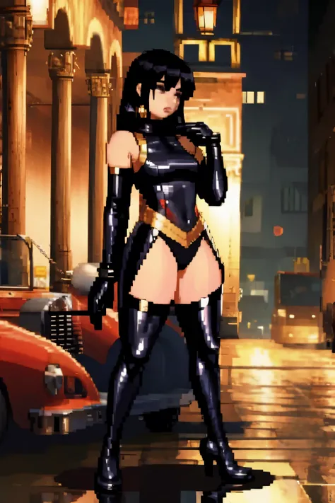 The woman, by the wide, long hair, black fur, black hair, fringe, pale, Pale skin, ((black eyes, black eyes)), scantily clad, black clothes, black clothes, Waders, hig boots, gloves, gloves, Cathedral, evening, fantasy
