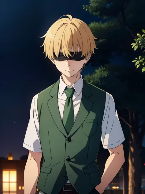 1boy, blind fold, blonde undercut hair, green vest, villain, sad, linely, park, night