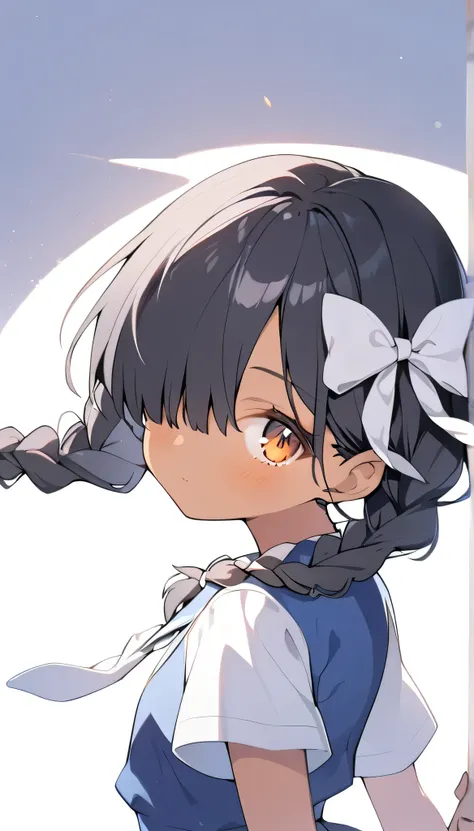 1girl, solo, a little tanned skin, white ribbons at the end of hair,female, twin long braids, black hair, student, hair almost over one eye, short sleeves, amber eyes, looking at viewer, short sleeves, blue skirt,primary 5 student,almost 11-years old