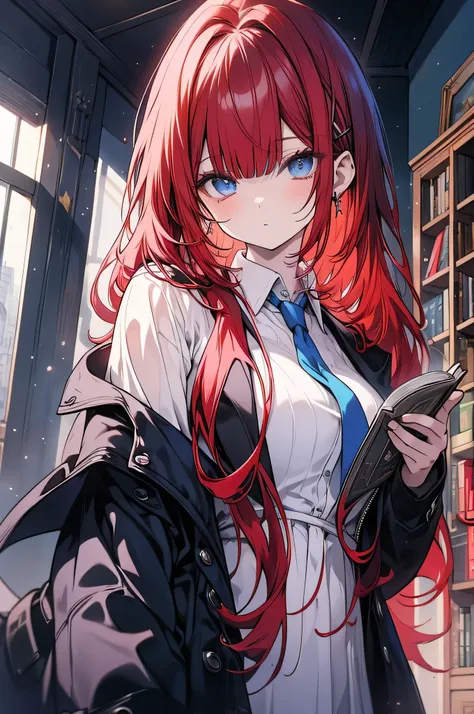 The main floor is a magic library. A woman with long cherry red hair, blue eyes, wearing a white shirt, a blue tie, and a black coat. She is reading a book in a cool way.