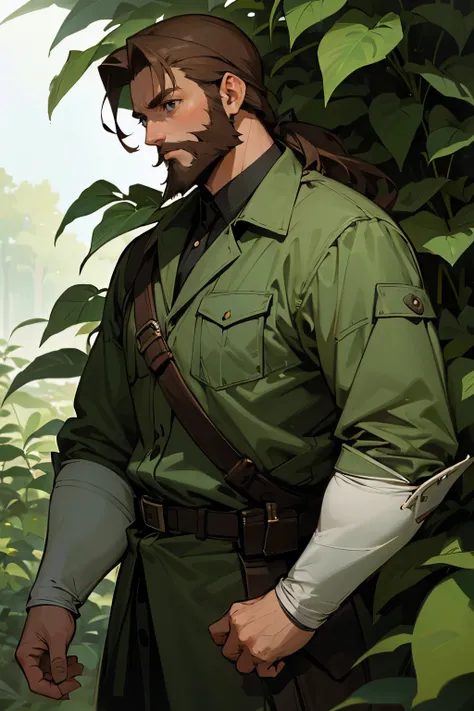 anime、masterpiece、Handsome、40 years old、anime調、Not too real、Brown Hair、Half Up、Beard、tobacco、soldier、knight、plant、green、Emerald