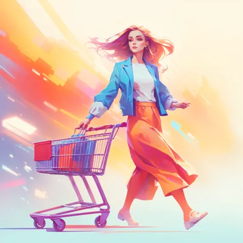 Illustration of a woman walking with a shopping cart, Digital illustration style, Juster Battle, Style Digital Painting, Cyril Rolandor style, Stunning digital illustrations, A beautiful artistic illustration, Colorfull illustration, author：Seb McKinnon, B...