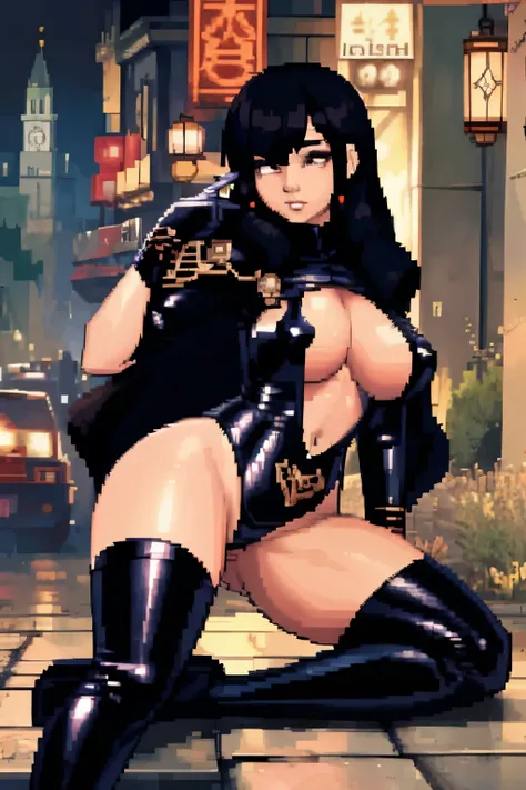 The woman, by the wide, long hair, black fur, black hair, fringe, pale, Pale skin, ((black eyes, black eyes)), scantily clad, black clothes, black clothes, Waders, hig boots, gloves, gloves, Cathedral, evening, fantasy, pussy, spread legs, NSFW, +18
