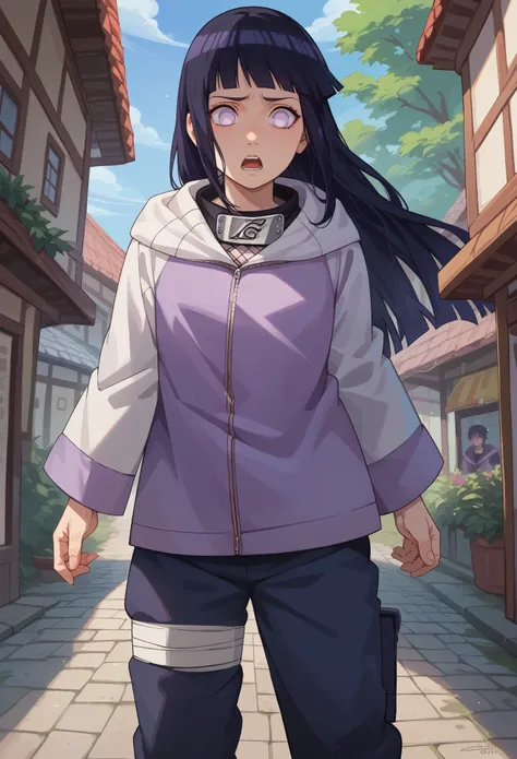 score_9, score_8_up, score_7_up, 1girl solo, flat chest, hinataSDXL, long hair, black hair, purple eyes, white eyes, pants, hood, hood down, forehead protector, konohagakure symbol, hyuuga hinata, opened jacket, standing, surprised face, looking down, trad...
