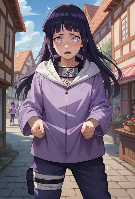 score_9, score_8_up, score_7_up, 1girl solo, (teen:1.5), teenager, flat chest, hinataSDXL, long hair, black hair, purple eyes, :O, white eyes, pants, purple jacket, hood, forehead protector, konohagakure symbol, hyuuga hinata, shaking standing, surprised, ...