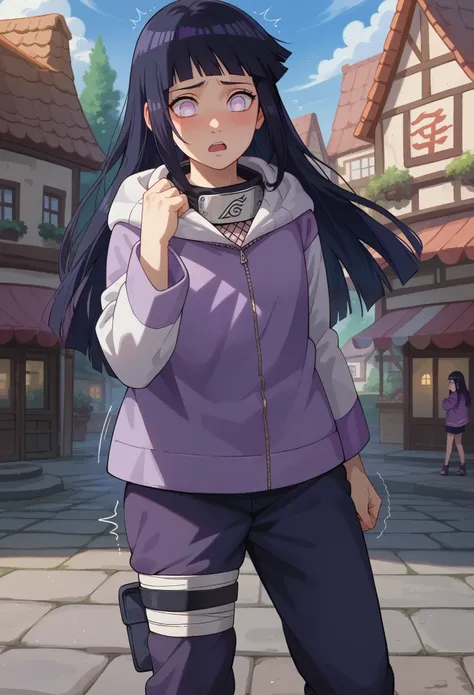 score_9, score_8_up, score_7_up, 1girl solo, (teen:1.5), teenager, flat chest, hinataSDXL, long hair, black hair, purple eyes, :O, white eyes, pants, purple jacket, hood, forehead protector, konohagakure symbol, hyuuga hinata, shaking, standing, surprised,...