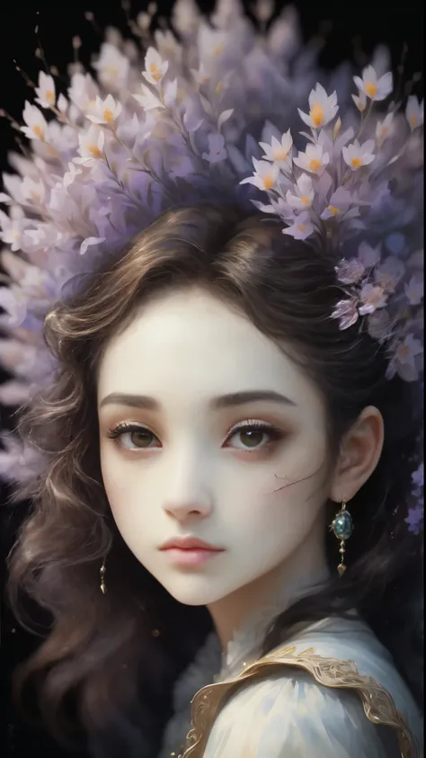 (Best quality, 4K, 8K, A high resolution, Masterpiece:1.2), Ultra-detailed, Realistic portrait, Beautifully detailed eyes, beautiful detailed lips, Detailed expression, Graceful posture, subtly lit, Dreamy atmosphere, Dark-toned background, expressive brus...