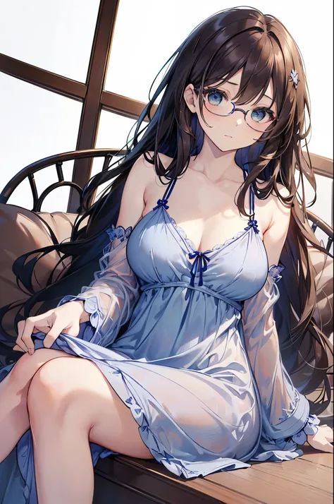 {{masterpiece}}, The best quality of life, 、((Dark brown long hair、Keeping your hair together)) 、 Cute female, (Green Eyes）、Expressionless adult woman、((White background))、tall、One woman with good style、Larger breasts、(((simple、Indigo dress、Loungewear)))、T...