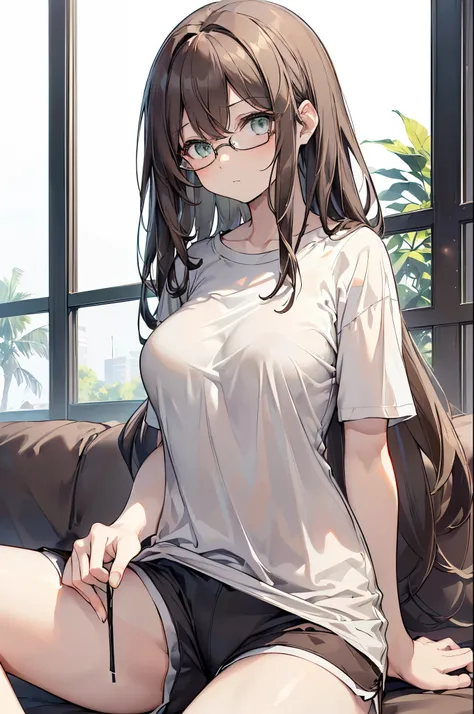 {{masterpiece}}, The best quality of life, 、((Dark brown long hair)) 、 Cute female, (Green Eyes）、Expressionless adult woman、((White background))、tall、One woman with good style、Large Breasts、(((A simple, plain grey short-sleeved T-shirt、Shorts、Loungewear)))...