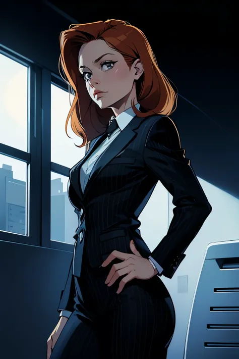 FBI agent Dana Scully from "The X-Files." 90s, black pinstripe suit. UFO