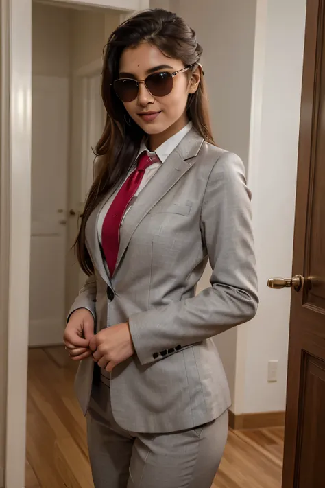 ((best quality)), ((masterpiece)), (detailed), 
A 21 year old beautiful Indian girl with long hair smiling face beautiful eyes stunning look girl ponytail hairstyle wearing sunglasses in eyes wearing suit tie coat pant with matching colour neck tie standin...