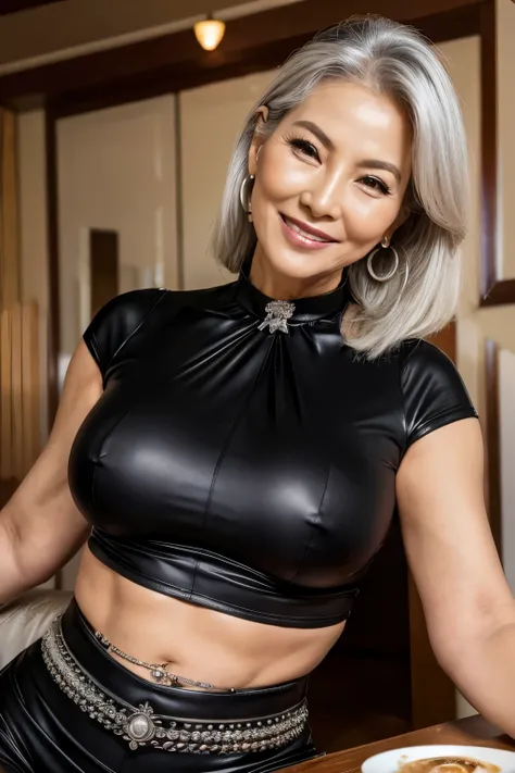 75 years old　Mom　MILF　Korean, Lady　large earring　Big choker　navel piercing decoration　A bracelet　Silver Hair　realisitic　Gorgeous Madame Beautiful Mature Woman　sexy　Smile　Gentle woman navel piercing　４K　High quality ラテックススーツ　ファスナー