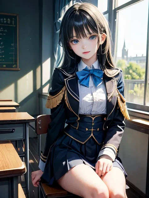 masterpiece, high quality, 最high quality, beautiful, High resolution, Realistic, Perfect lighting, Detailed face, Detailed body, 1 person, Black Hair, blue eyes, Girlishness, Fantasy JK uniform, (Bright expression: 1.5) (Face Natural: 1.5), sitting in clas...