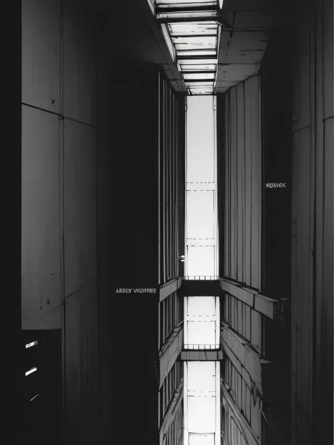 An giant elevator shaft traversing the darkness of a brutalist megacomplex, black and white, Blame concept