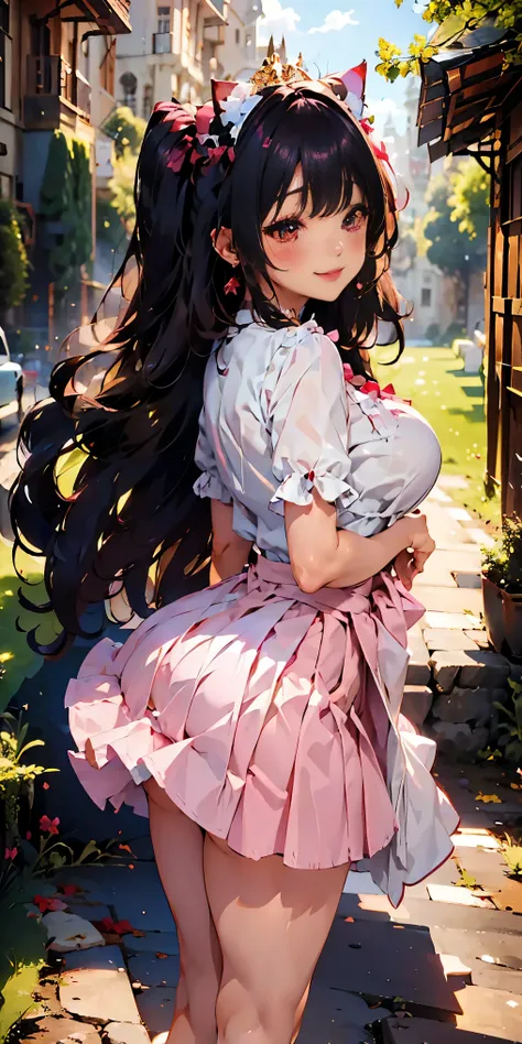 (junkotvv, cabello negro largo, orejas de gato, ojos rojos), Adult Woman, Long dark blonde wavy hair、White Dress, Puffy nipple、(Long flared skirt),、beautiful tiara、earrings、Medium milk, cute smile face、Poses that emphasize the buttocks、(turned around)、sexy...