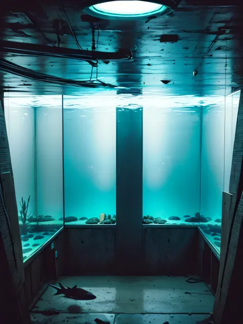 An giant aquarium inside an underground brutalist museum, black and white and cyan